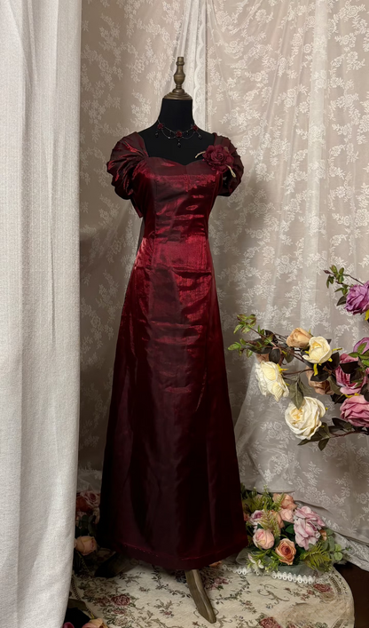 Robe de bal vintage, coupe trapèze, décolleté cœur, bordeaux, rouge foncé, longue, style années 90, robe de soirée formelle AU348