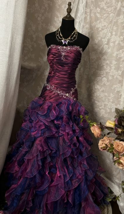 Vintage Prom Dress Outfit Mermaid Strapless Dark Purple Ruched Long 90s Prom Dresses Formal Evening Gowns AU350