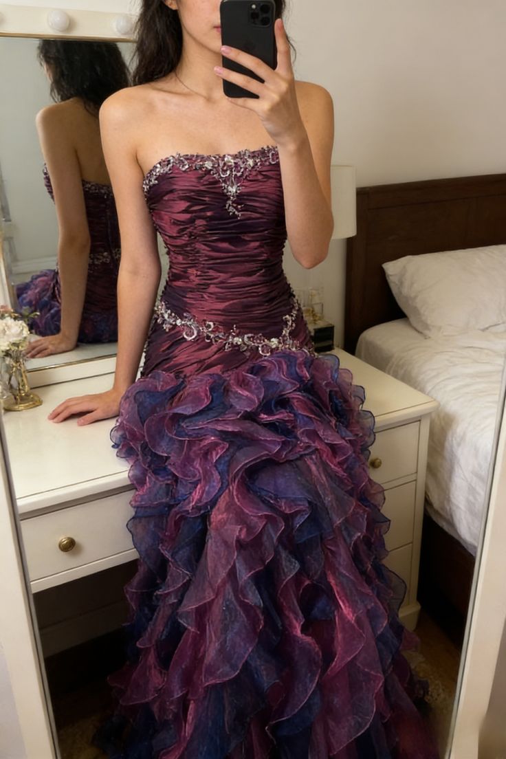 Vintage Prom Dress Outfit Mermaid Strapless Dark Purple Ruched Long 90s Prom Dresses Formal Evening Gowns AU350
