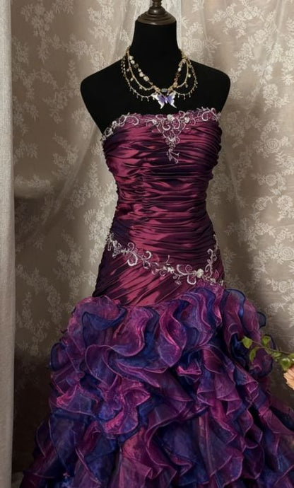 Vintage Prom Dress Outfit Mermaid Strapless Dark Purple Ruched Long 90s Prom Dresses Formal Evening Gowns AU350