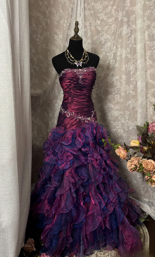 Vintage Prom Dress Outfit Mermaid Strapless Dark Purple Ruched Long 90s Prom Dresses Formal Evening Gowns AU350