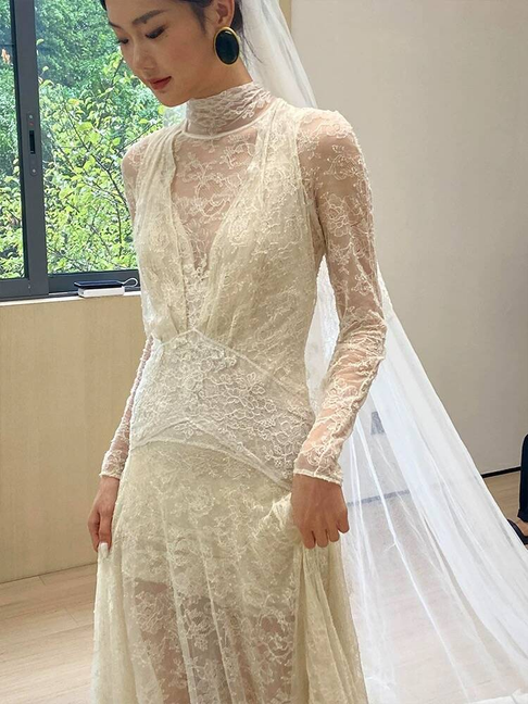 Vintage Mermaid High Neckline Lace Tulle Wedding Gown Long Fairytale Autumn Wedding Dresses AU351