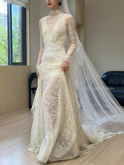 Vintage Mermaid High Neckline Lace Tulle Wedding Gown Long Fairytale Autumn Wedding Dresses AU351