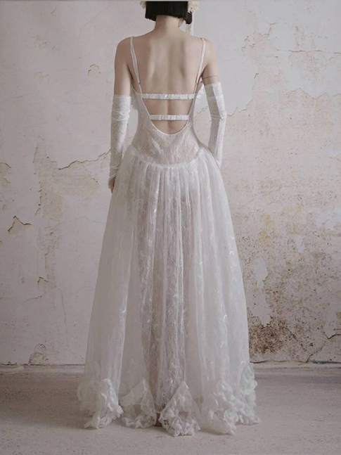Modest Ball Gown Square Neck Sleeveless White Lace Wedding Dress French Brides Dresses Fairytale Wedding Gown AU353