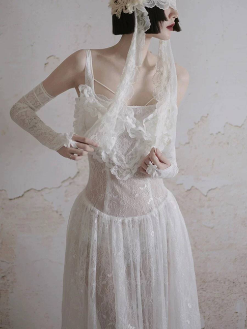 Modest Ball Gown Square Neck Sleeveless White Lace Wedding Dress French Brides Dresses Fairytale Wedding Gown AU353