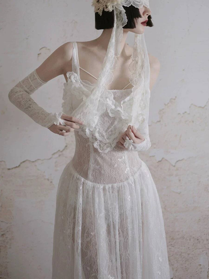 Modest Ball Gown Square Neck Sleeveless White Lace Wedding Dress French Brides Dresses Fairytale Wedding Gown AU353