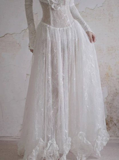 Modest Ball Gown Square Neck Sleeveless White Lace Wedding Dress French Brides Dresses Fairytale Wedding Gown AU353