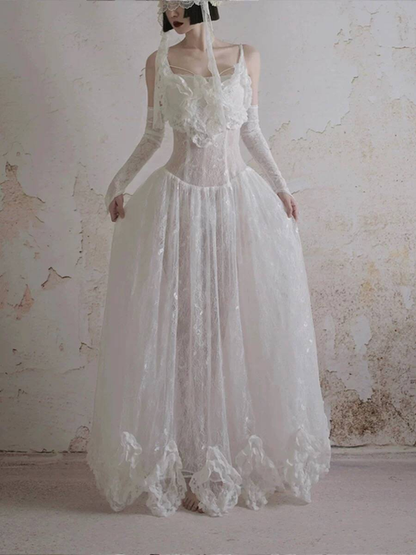 Modest Ball Gown Square Neck Sleeveless White Lace Wedding Dress French Brides Dresses Fairytale Wedding Gown AU353