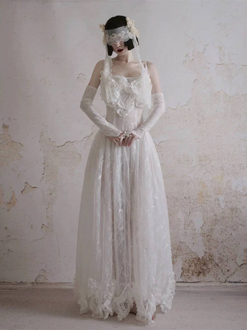 Modest Ball Gown Square Neck Sleeveless White Lace Wedding Dress French Brides Dresses Fairytale Wedding Gown AU353