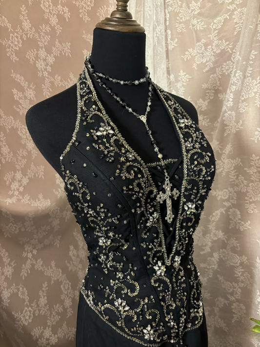 Vintage Prom Dress Outfit Mermaid Halter V Neck Black Beaded Long 90s Prom Dresses Formal Evening Gowns AU353