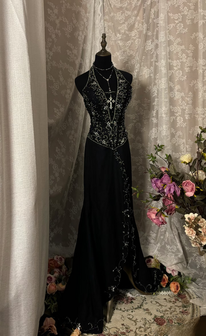 Robe de bal vintage sirène dos nu col V noire à perles, longue, style années 90, robe de soirée formelle AU353
