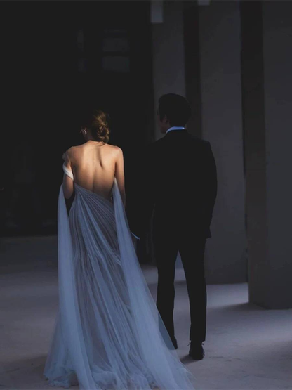 Sexy Mermaid Scoop Neck Backless Tulle Sleeveless White Wedding Dress French Brides Dresses Fairytale Wedding Gown AU354