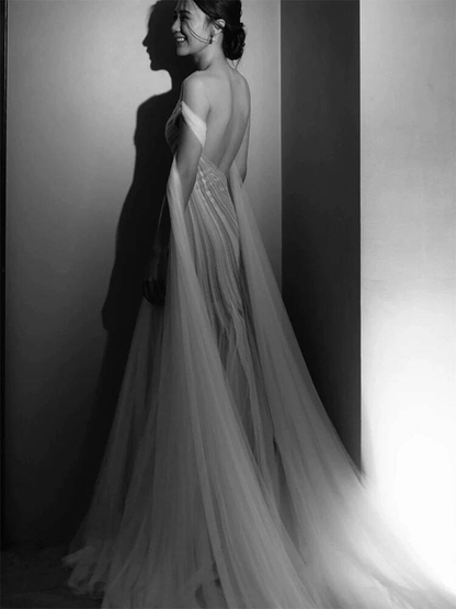 Sexy Mermaid Scoop Neck Backless Tulle Sleeveless White Wedding Dress French Brides Dresses Fairytale Wedding Gown AU354