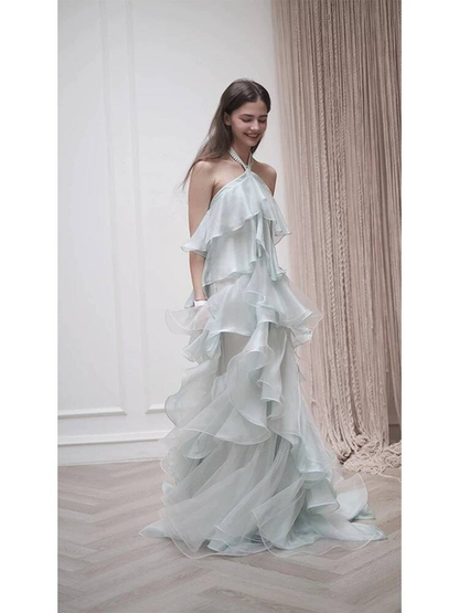 Robe de bal simple en mousseline de soie, coupe licou, sans manches, longueur au sol, tenue de soirée, tenue d'anniversaire, robe de remise de diplôme, AU355