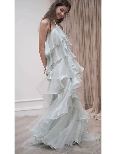 Robe de bal simple en mousseline de soie, coupe licou, sans manches, longueur au sol, tenue de soirée, tenue d'anniversaire, robe de remise de diplôme, AU355
