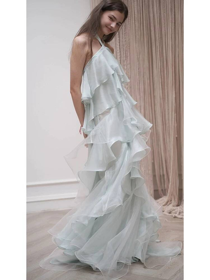 Robe de bal simple en mousseline de soie, coupe licou, sans manches, longueur au sol, tenue de soirée, tenue d'anniversaire, robe de remise de diplôme, AU355