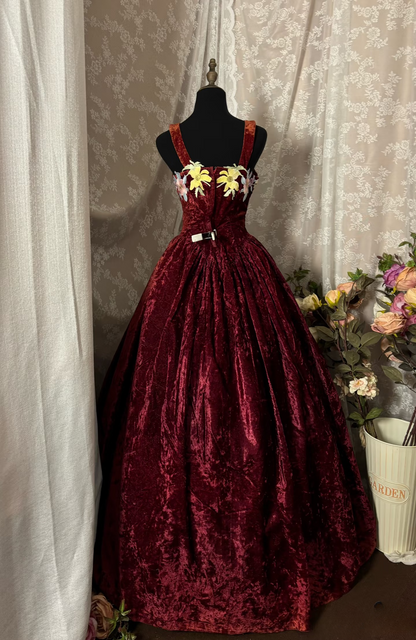 Robe de bal princesse à bretelles en velours bordeaux avec applications de dentelle, longue et élégante, idéale pour une quinceañera, un anniversaire de 15 ou 16 ans (AU355)