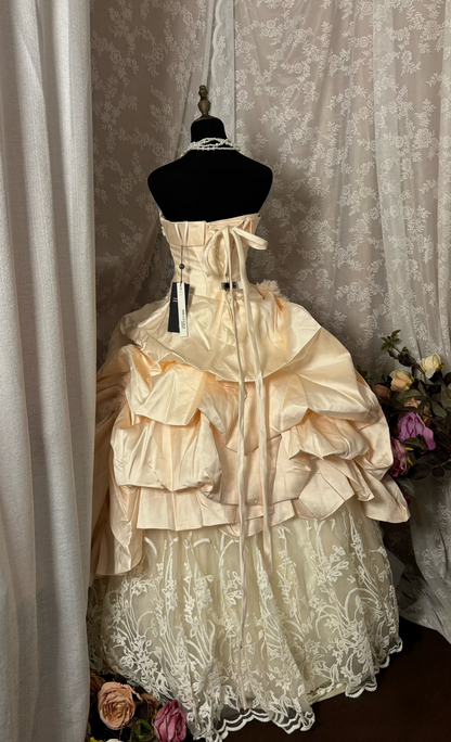 Robe de bal élégante vintage sans bretelles ni manches en dentelle ivoire multicouches années 60, robe de mariée longue, robe de mariée chic AU358