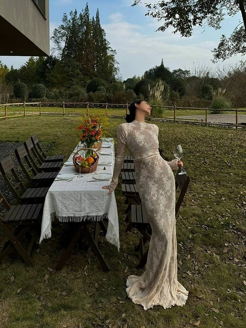 Sexy Mermaid High Neck Long Sleeves Lace White Wedding Dress French Brides Dresses Fairytale Wedding Gown AU359