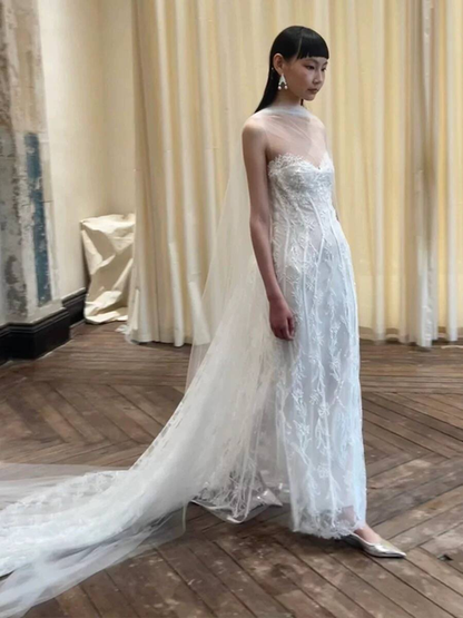 Vintage Mermaid Sweetheart Lace White Wedding Gown Long Fairytale Autumn Wedding Dresses AU360