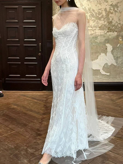 Vintage Mermaid Sweetheart Lace White Wedding Gown Long Fairytale Autumn Wedding Dresses AU360