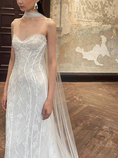Vintage Mermaid Sweetheart Lace White Wedding Gown Long Fairytale Autumn Wedding Dresses AU360