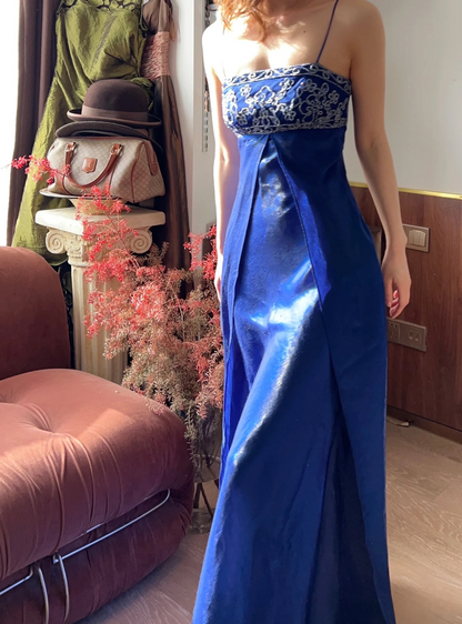 Vintage Prom Dress Outfit A Line Spaghetti Strap With Silver Beaded Long 90s Prom Dresses Formal Evening Gowns AU361