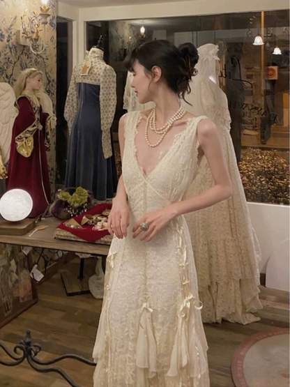 Vintage Mermaid V Neck Lace Off White Wedding Gown Long Fairytale Autumn Wedding Dresses AU362