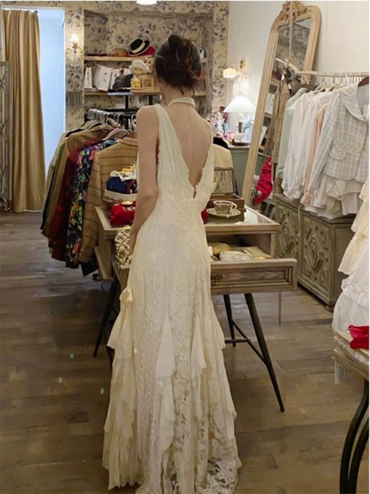Vintage Mermaid V Neck Lace Off White Wedding Gown Long Fairytale Autumn Wedding Dresses AU362