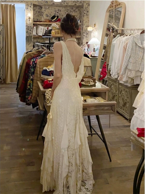 Vintage Mermaid V Neck Lace Off White Wedding Gown Long Fairytale Autumn Wedding Dresses AU362