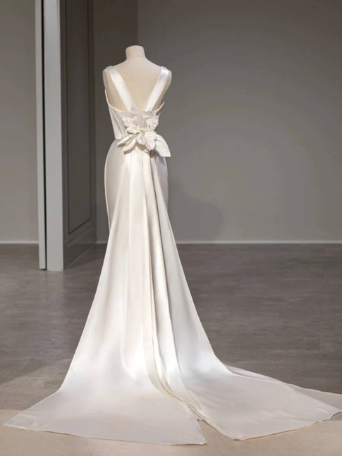 Vintage Mermaid V Neck Satin White Wedding Gown Long Fairytale Bride Gown Wedding Dresses AU363