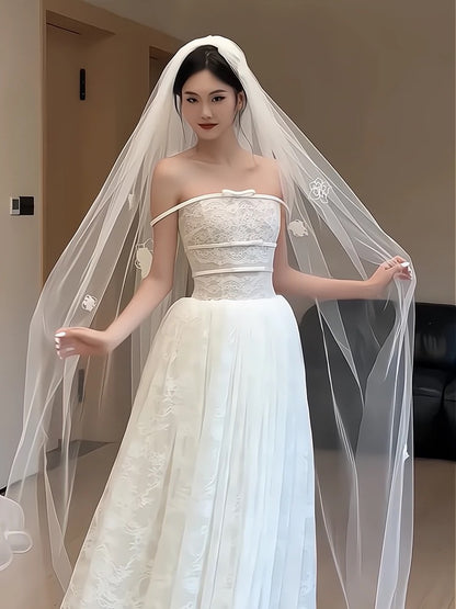 Robe de mariée blanche simple en tulle, coupe trapèze, sans bretelles, longue, style conte de fées, AU364