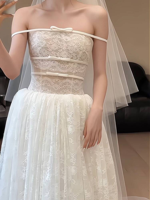 Robe de mariée blanche simple en tulle, coupe trapèze, sans bretelles, longue, style conte de fées, AU364