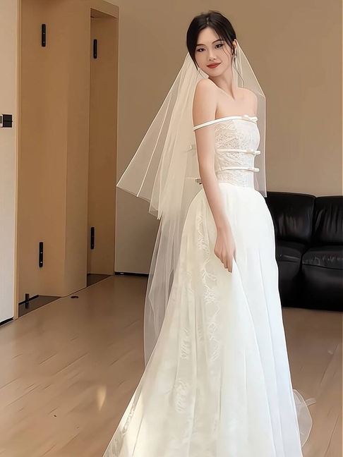 Robe de mariée blanche simple en tulle, coupe trapèze, sans bretelles, longue, style conte de fées, AU364