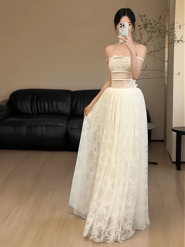 Robe de mariée blanche simple en tulle, coupe trapèze, sans bretelles, longue, style conte de fées, AU364