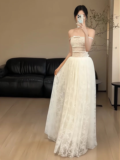 Robe de mariée blanche simple en tulle, coupe trapèze, sans bretelles, longue, style conte de fées, AU364