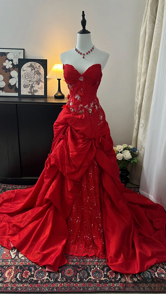 Vintage Prom Dress Outfit Mermaid Sweetheart Red With Sequins Appliques Long 90s Prom Dresses Formal Evening Gowns AU364
