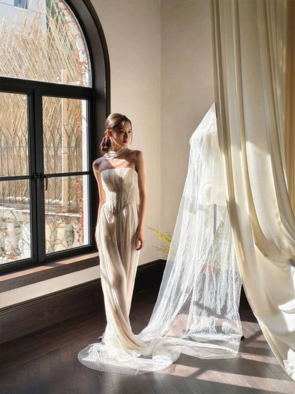 Robe de mariée blanche vintage en dentelle, coupe trapèze, sans bretelles, longue, style conte de fées, AU365