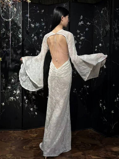 Robe de mariée blanche vintage en dentelle style sirène, manches longues, style conte de fées, AU366