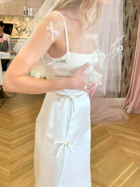 Simple Mermaid Spaghetti Straps Long Satin White Wedding Dress French Brides Dresses Fairytale Wedding Gown AU367