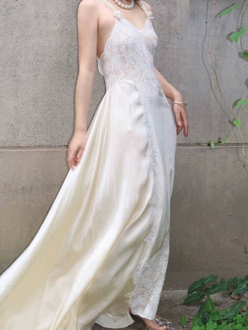Robe de mariée blanche vintage à bretelles en dentelle, longue, style conte de fées, AU368