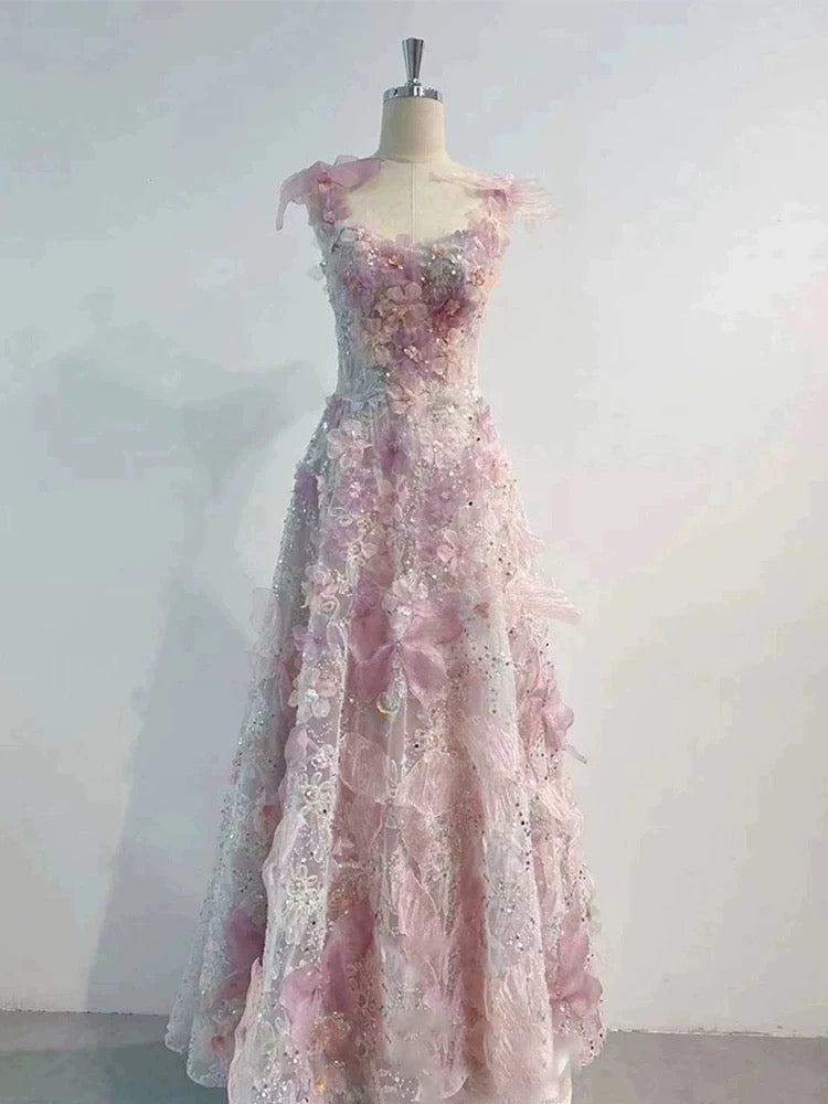 Modest Prom Dress Outfit Ball Gown Sweetheart Pink Lace Floral Tulle Long Prom Dresses Formal Evening Gowns AU368