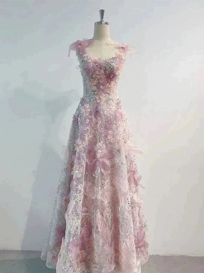 Modest Prom Dress Outfit Ball Gown Sweetheart Pink Lace Floral Tulle Long Prom Dresses Formal Evening Gowns AU368