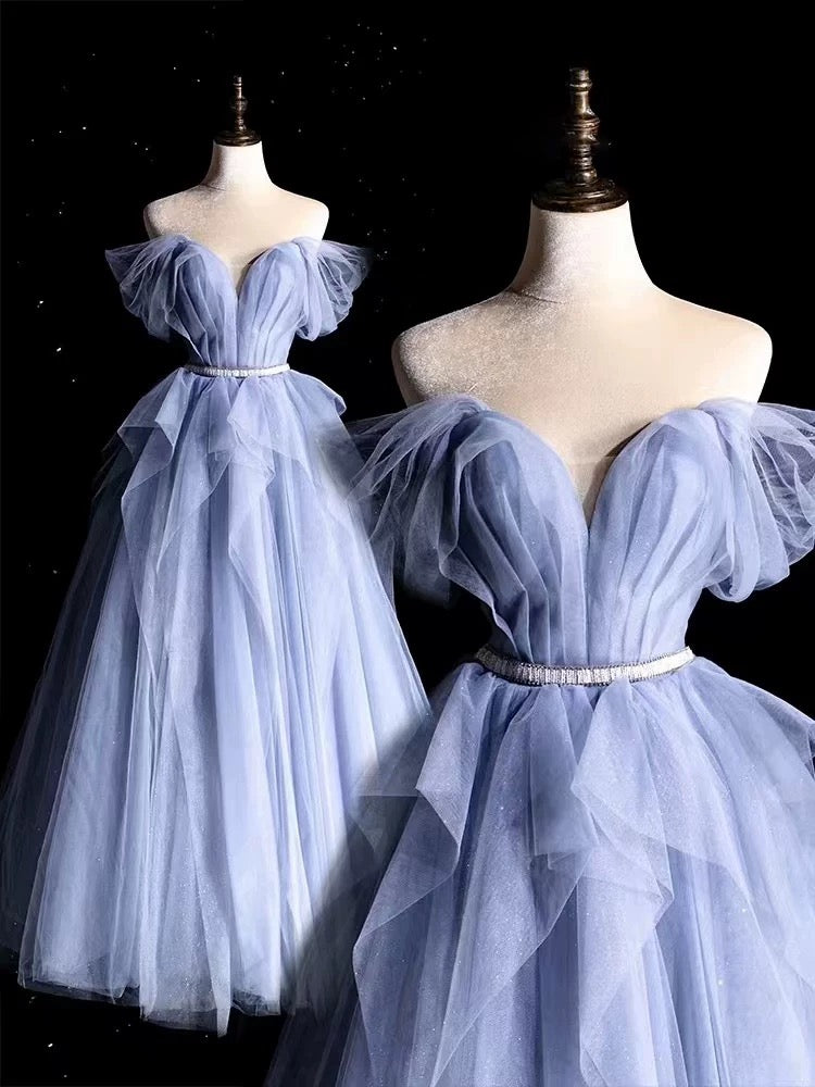 Modest Prom Dress Outfit Ball Gown Off The Shoulder Blue Tulle Long Prom Dresses Formal Evening Gowns AU369