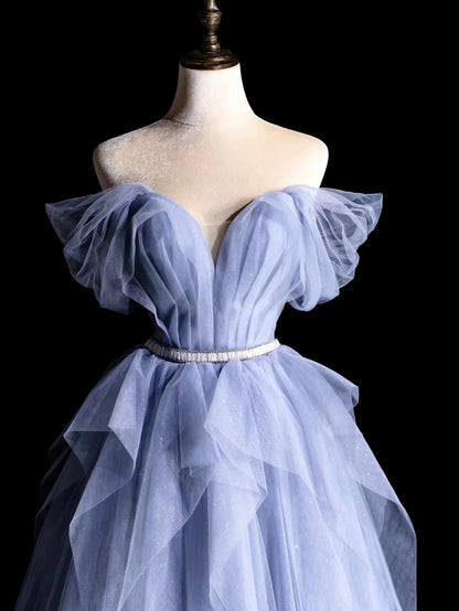 Modest Prom Dress Outfit Ball Gown Off The Shoulder Blue Tulle Long Prom Dresses Formal Evening Gowns AU369