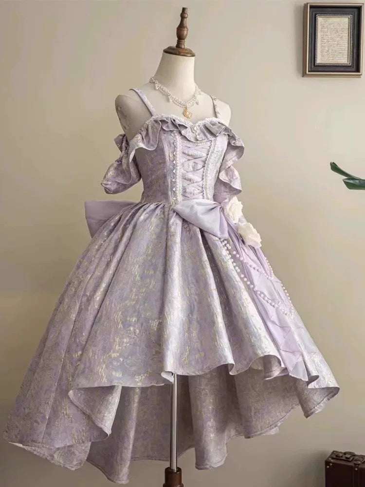 Robe de bal vintage, robe de soirée longue en dentelle lilas à fines bretelles, modèle AU370