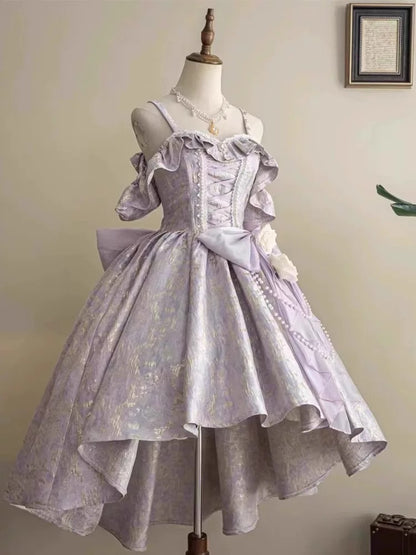 Robe de bal vintage, robe de soirée longue en dentelle lilas à fines bretelles, modèle AU370