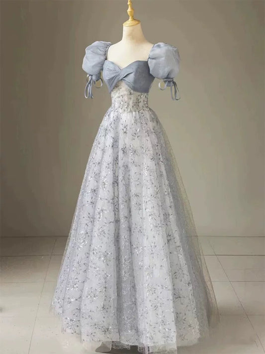 Gorgeous A Line Sweetheart Blue Tulle Sequins Prom Dresses Formal Party Teens Evening Gowns AU371