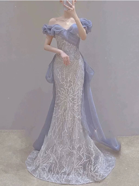 Sexy Mermaid Off The Shoulder Lavender Sequin Prom Dresses Party Dress 21st Birthday Outfits Graduation Dress AU371
