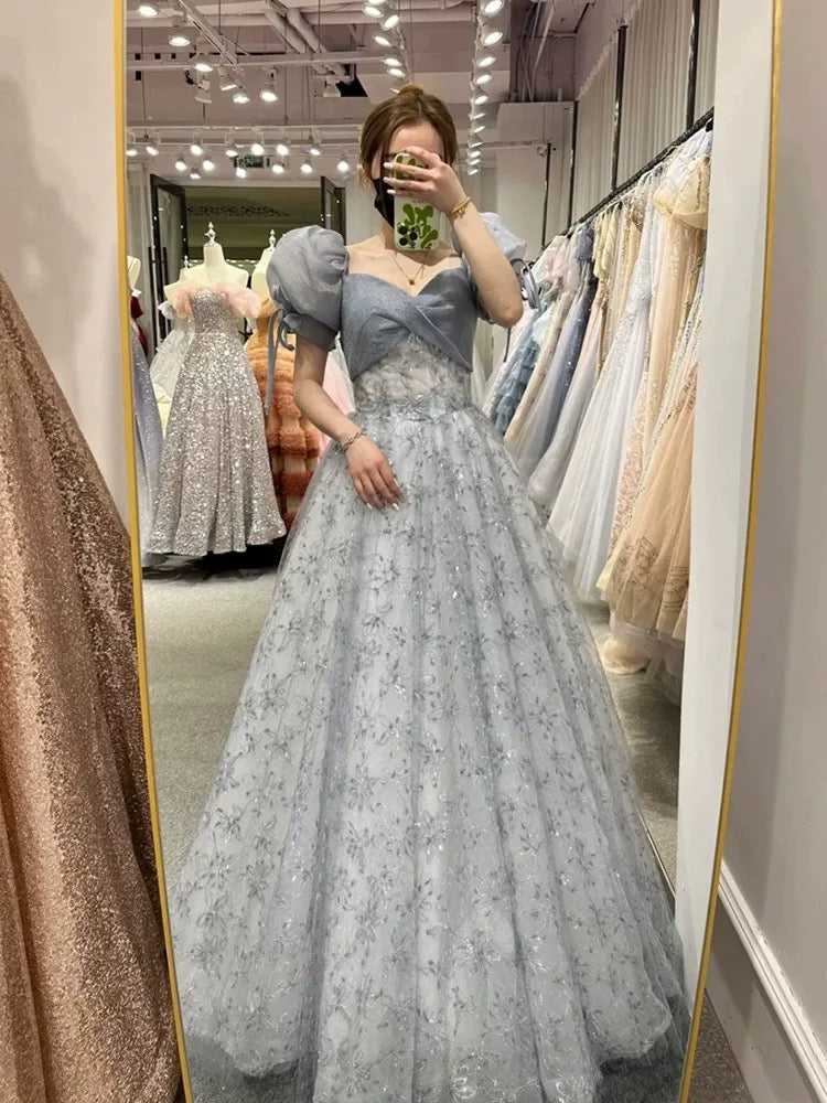 Gorgeous A Line Sweetheart Blue Tulle Sequins Prom Dresses Formal Party Teens Evening Gowns AU371